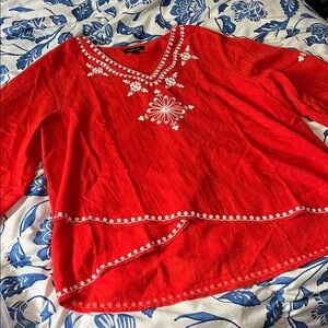 Karen Kane Red Embroidered Asymmetrical Festival Peasant Top Blouse Sz 1X